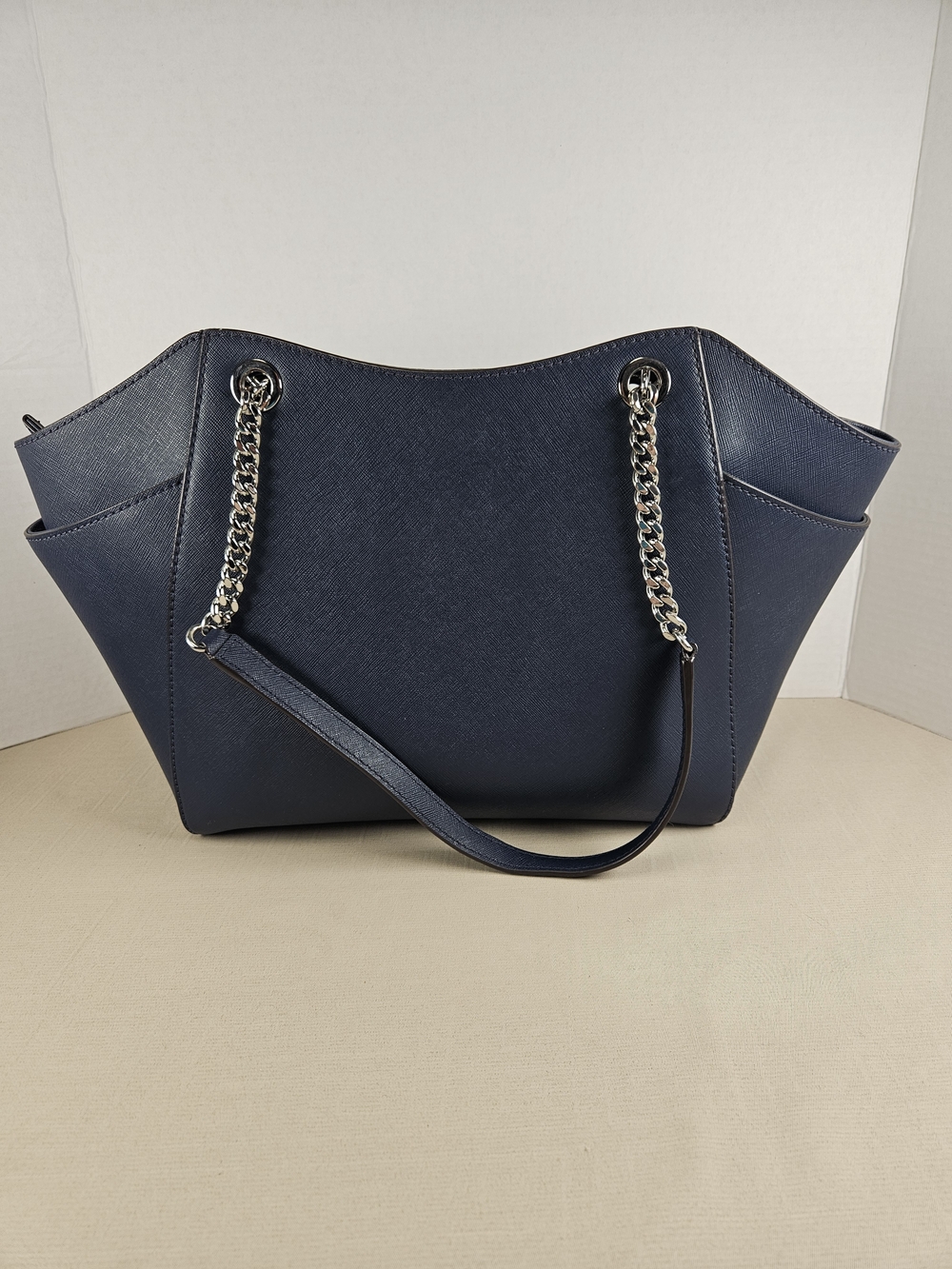 Like New MICHAEL KORS JET SET TRAVEL LARGE  TOTE BAG MK BLUE LEATHER SILVE - Picture 4 of 16